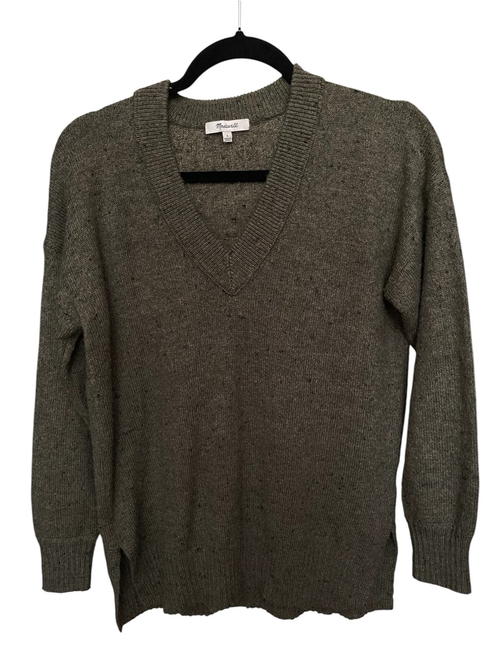 Madewell Olive Green Wool Blend V-Neck Tunic Sweater Small Cozy Preppy - Picture 2 of 7